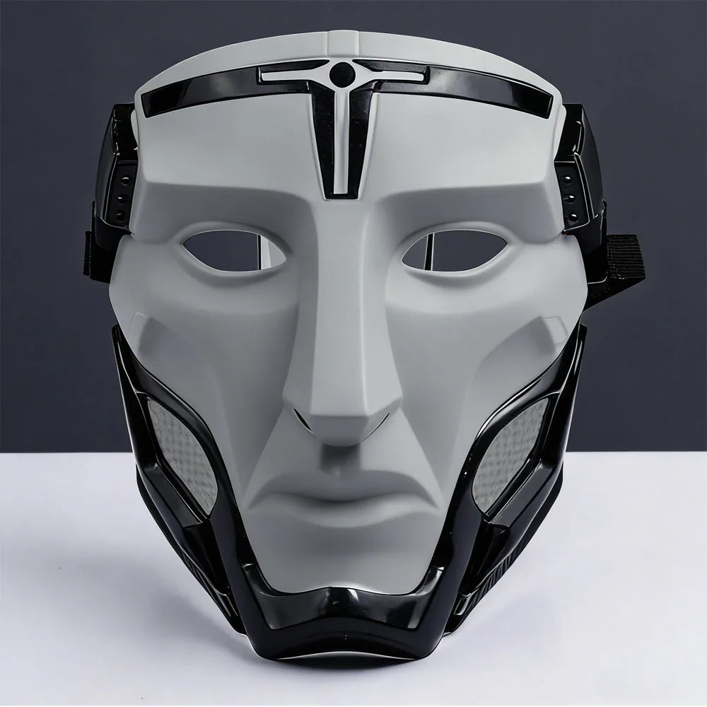 A gray and black tactical warden cosplay mask with a futuristic design.