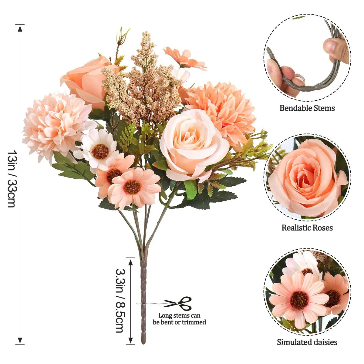 Artificial silk rose and daisy bouquet featuring peach and pink flowers with bendable stems