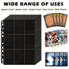 A stack of black trading card refill pages with various photo cards displayed next to them.