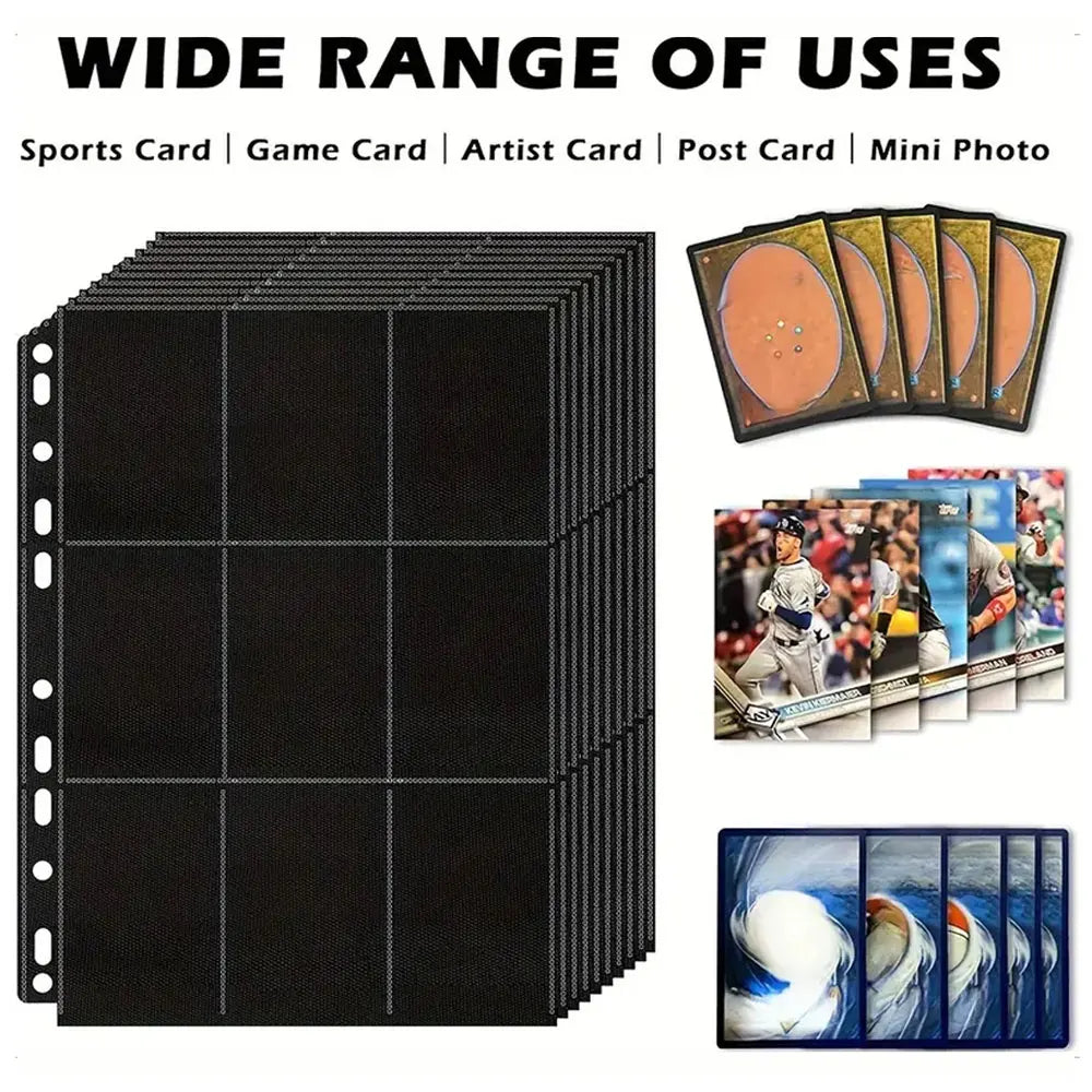 A stack of black trading card refill pages with various photo cards displayed next to them.