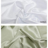 Two swatches of satin fabric are shown, one white and one light green, demonstrating the material's drape.