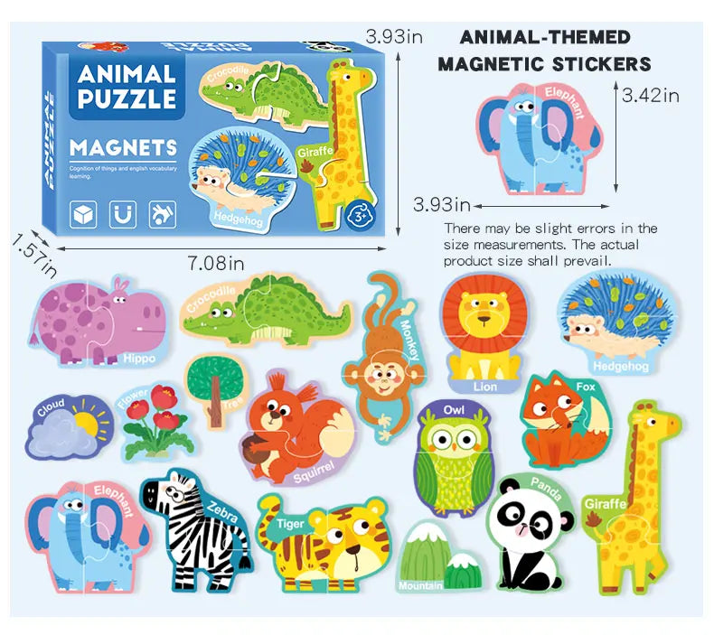 An animal-themed magnetic sticker puzzle set featuring various animals like elephants, giraffes, and lions.