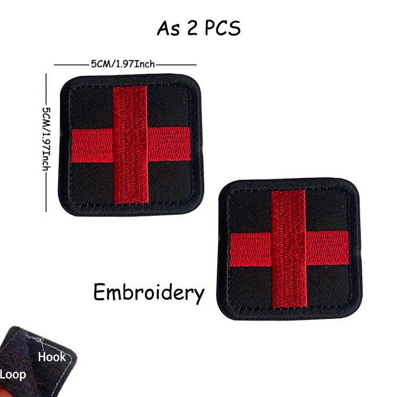 Two black fabric patches with red embroidery forming a cross shape, measuring 5cm by 1.97inch each.