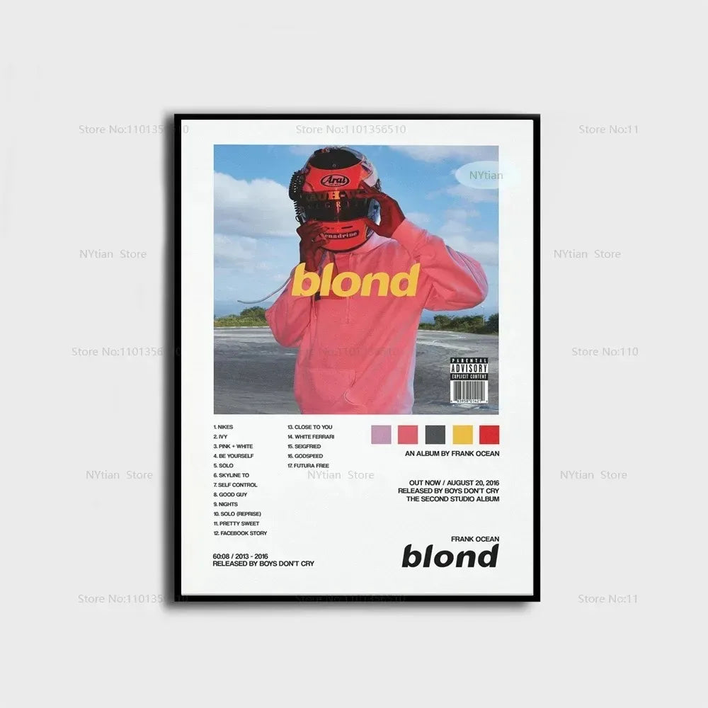 A person wearing a red hoodie and a baseball cap is featured on a canvas print titled Blond by Frank Ocean.