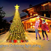 A decorated Christmas tree with a star topper is illuminated by a light string in a snowy outdoor setting.