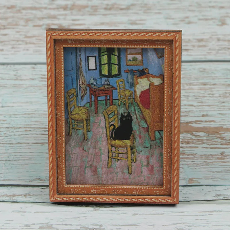 A framed painting depicting an interior scene with a black cat sitting on a chair.