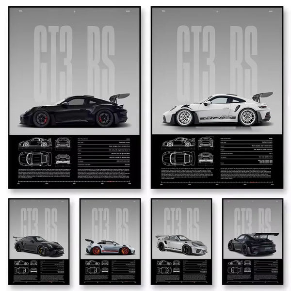 Un ensemble de quatre impressions d'art sur toile représentant une voiture de sport GT3 RS noire sous différents angles et dé