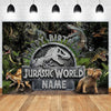 A dark jungle scene featuring various dinosaurs and a birthday banner with the text Happy Birthday Jurassic World Name.