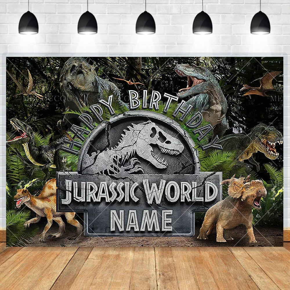 A dark jungle scene featuring various dinosaurs and a birthday banner with the text Happy Birthday Jurassic World Name.