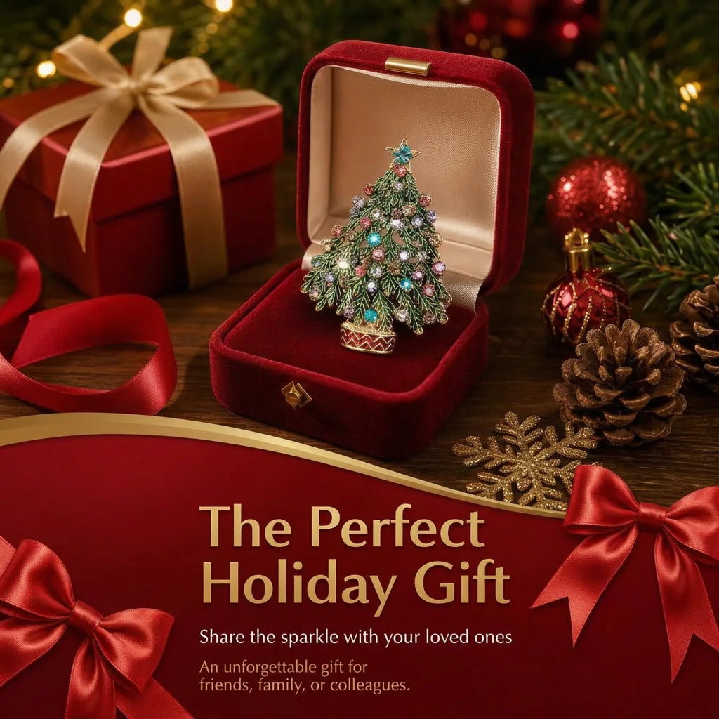 A red velvet box containing a sparkling rhinestone Christmas tree brooch pin set against a festive holiday background.