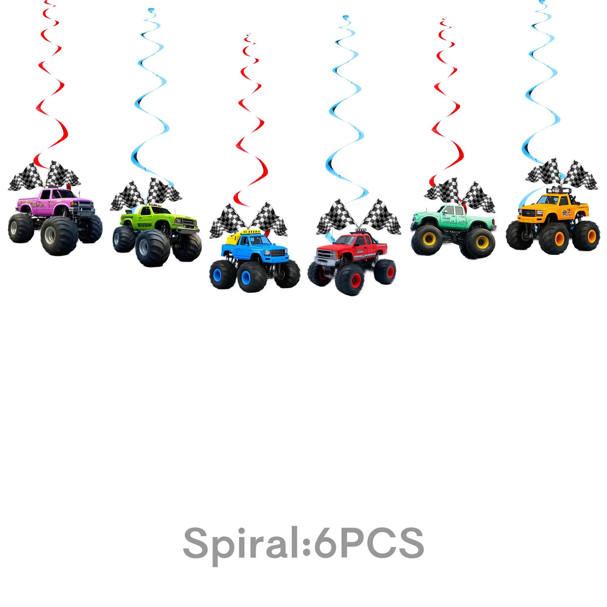 Six colorful monster truck figurines are displayed against a backdrop of swirling red and blue streamers.