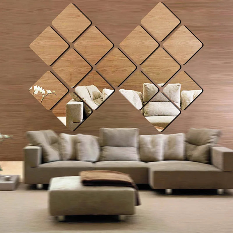 A decorative wall art piece made of four diamond-shaped acrylic mirror stickers mounted on a wooden background.