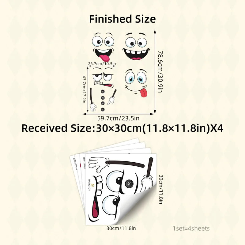Finished size diagram showing dimensions and received size of a set of funny cartoon trash can stickers