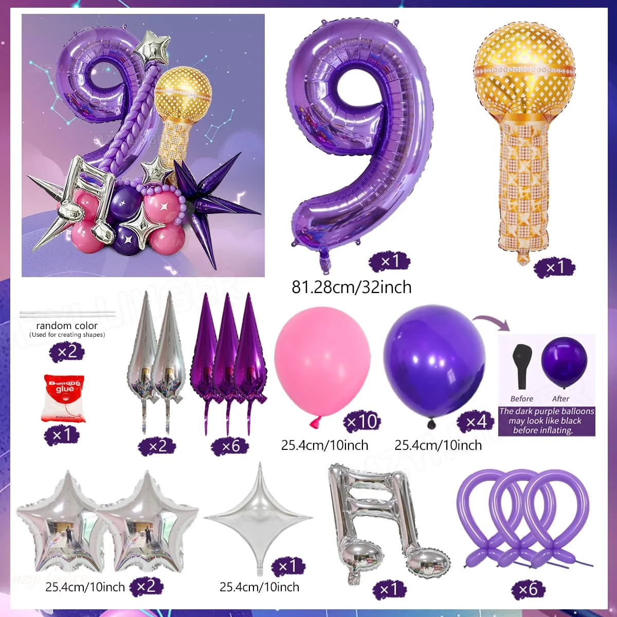 A set of purple and gold balloons including a number 9, star shapes, and decorative elements for celebration