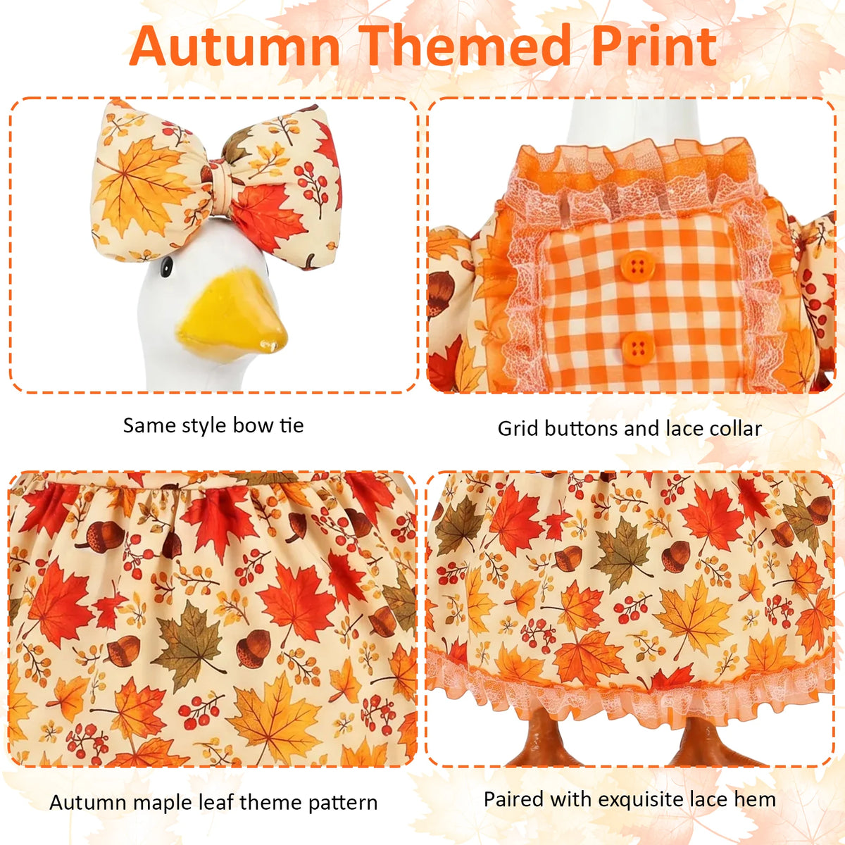 Autumn themed print fall porch goose dress featuring maple leaf patterns and lace details