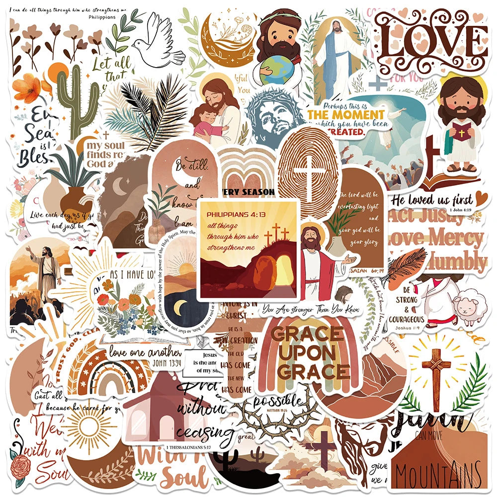 A collection of faith-based Christian decals featuring themes like love grace and Jesus Christ.