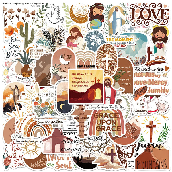 A collection of faith-based Christian decals featuring themes like love grace and Jesus Christ.