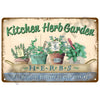 Vintage metal tin sign featuring potted herbs like mint, thyme, and basil for kitchen decor