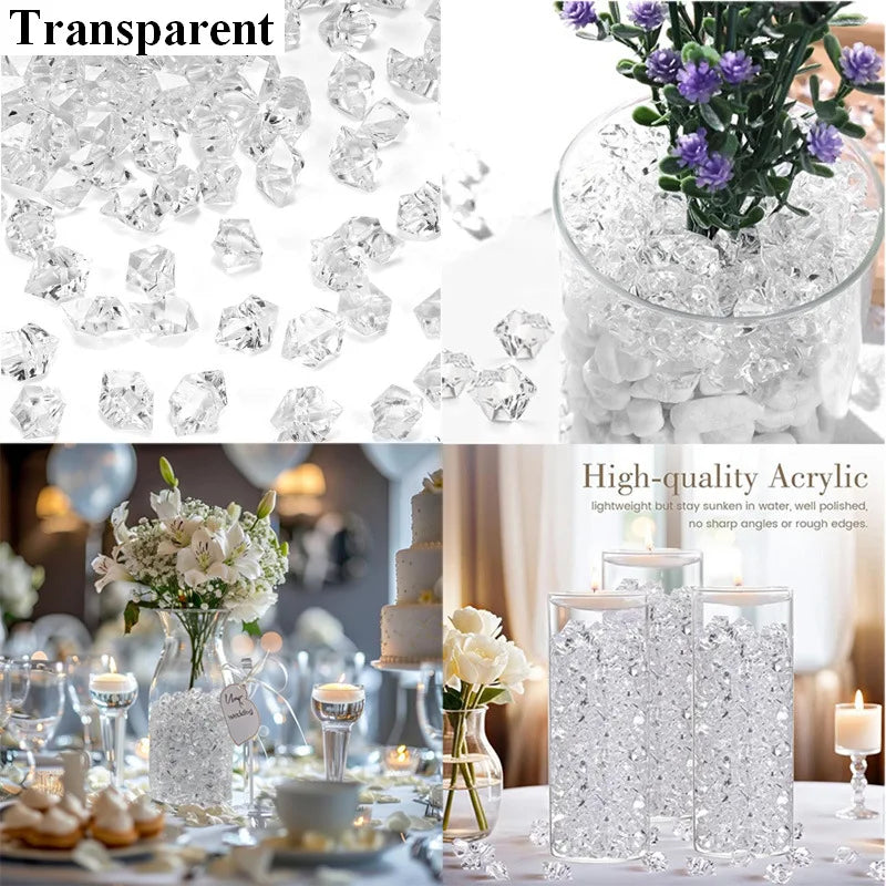 Clear acrylic ice rocks used as decorative elements in a glass container and on a table setting.