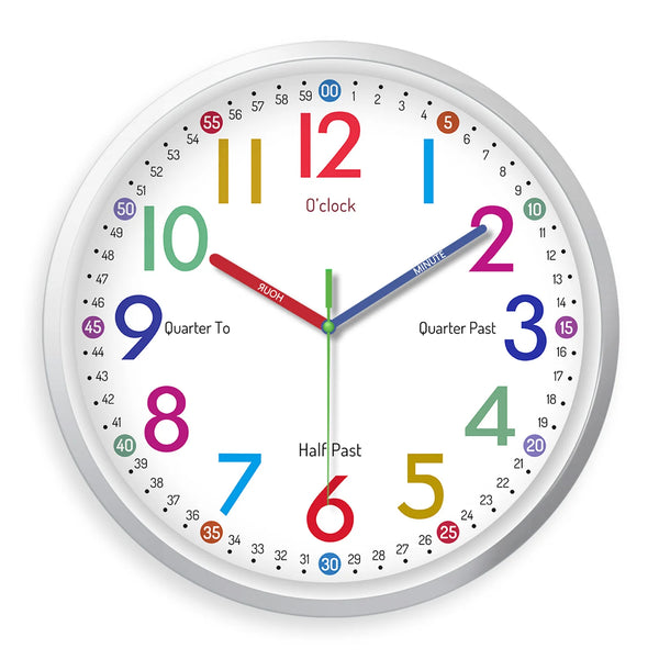 A white analog clock face showing the time as 12:00, with colored hands and numbers.