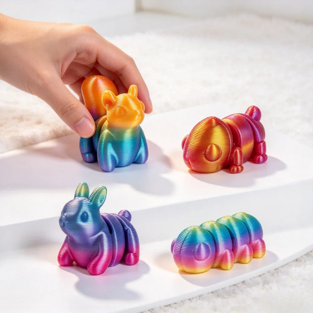 A hand holds a colorful, iridescent 3D printed animal figurine with a textured surface on a white background.