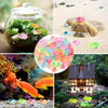 A collection of colorful resin animal figurines, including fish and insects, displayed in various contexts like a jar, on san