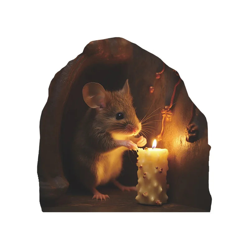 A small brown mouse sits near a lit candle in a dark, rustic setting.