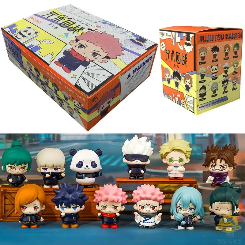 A collection of Jujutsu Kaisen blind box collectible figures displayed in front of their packaging.