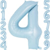 A large light blue foil number balloon shaped like the numeral 4, surrounded by smaller numbers.