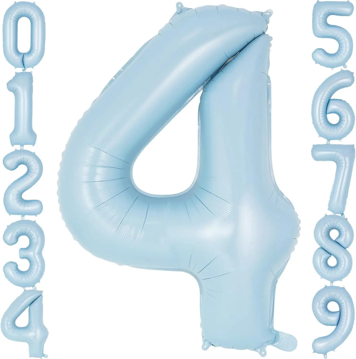A large light blue foil number balloon shaped like the numeral 4, surrounded by smaller numbers.