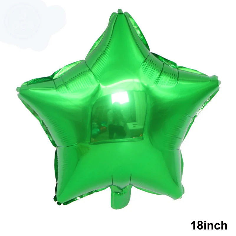 A shiny green foil star balloon with a heart shape, measuring 18 inches.