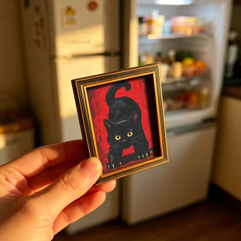 A hand holds a wooden magnetic cat photo frame featuring a black cat silhouette against a red background.