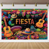 A vibrant backdrop banner featuring a fiesta theme with colorful streamers, guitars, and traditional Mexican hats.