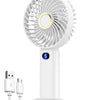 A white portable rechargeable handheld fan with a circular grille and a digital display, shown vertically.