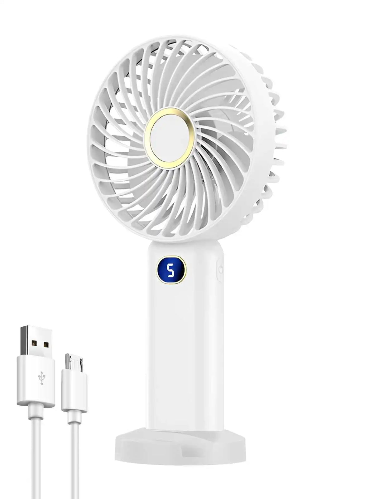 A white portable rechargeable handheld fan with a circular grille and a digital display, shown vertically.
