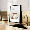 A framed canvas print depicting a minimalist figure stretching next to a white coffee cup on a light background.