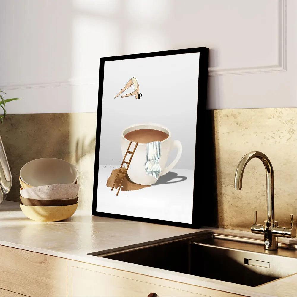 A framed canvas print depicting a minimalist figure stretching next to a white coffee cup on a light background.