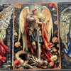 Three metal wall art pieces depicting angels and religious figures, including the Virgin Mary and Jesus.