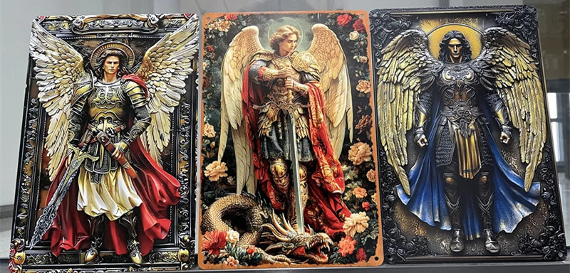 Three metal wall art pieces depicting angels and religious figures, including the Virgin Mary and Jesus.