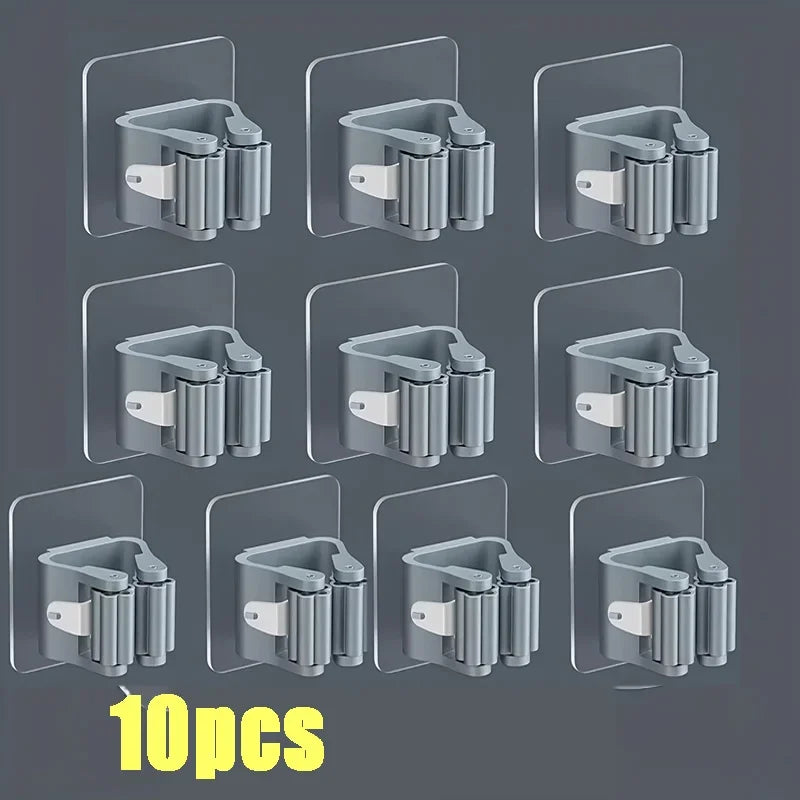 Ten wall mounted holders for storing mops and brooms in a gray plastic design