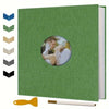 A green scrapbook album with a circular photo of a couple and a yellow tool.