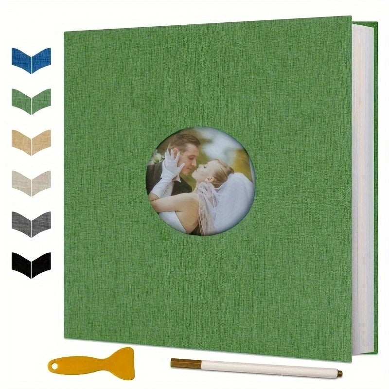 A green scrapbook album with a circular photo of a couple and a yellow tool.