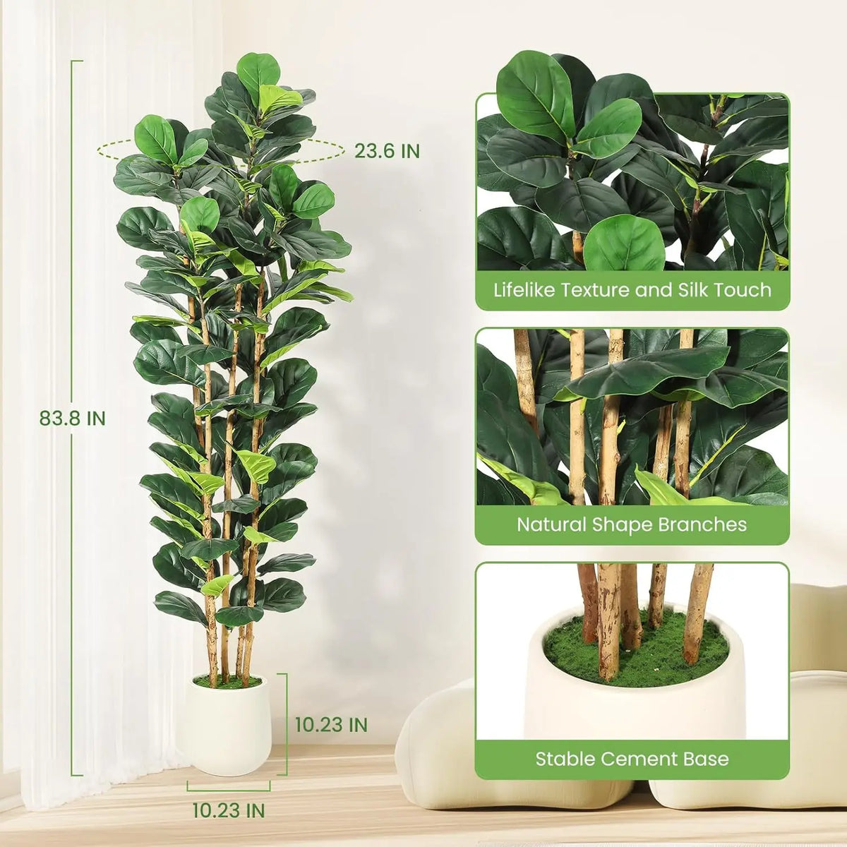 A tall artificial fiddle leaf fig tree with natural branches displayed in a white pot.