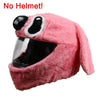 Pink cartoon plush helmet cover with black eyes and a wide mouth