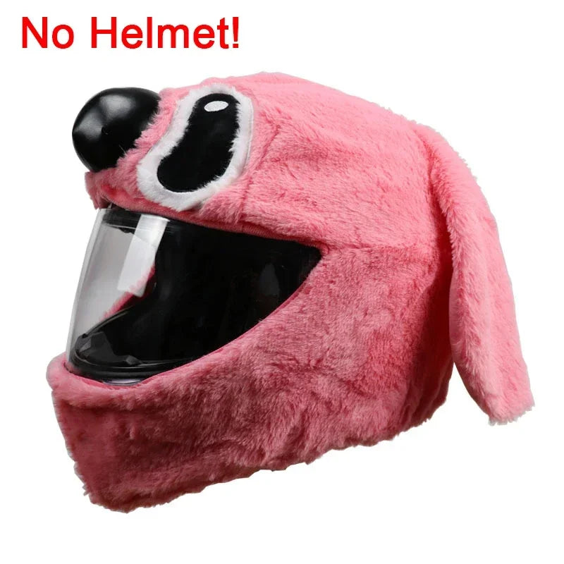 Pink cartoon plush helmet cover with black eyes and a wide mouth