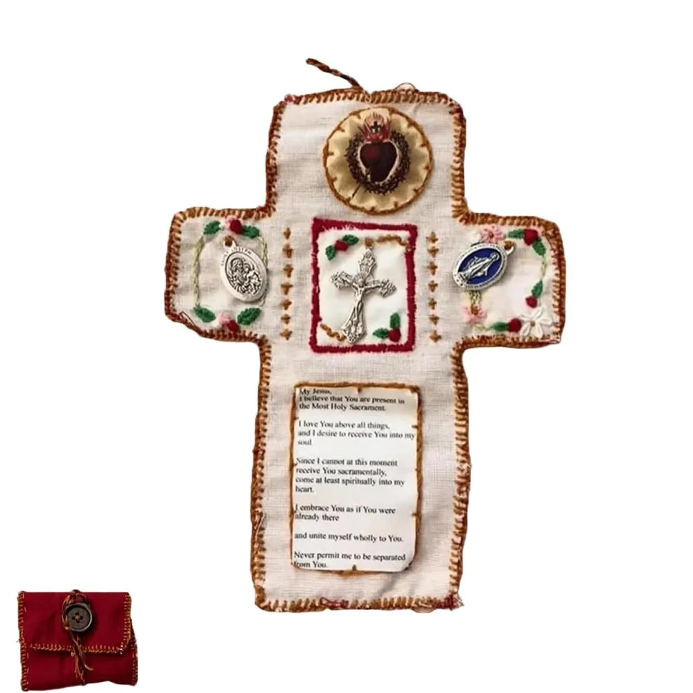 Handmade prayer quilt featuring a cross with decorative elements and a silver cross pocket shrine.