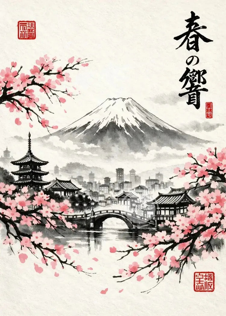 A traditional Japanese ink painting featuring Mount Fuji, a bridge, and pink cherry blossoms.