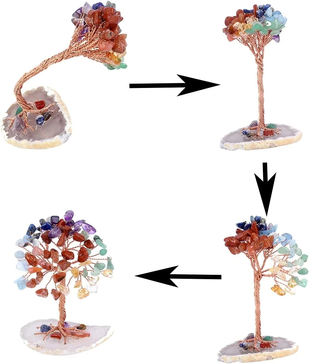 A crystal money tree decor featuring a branch with colorful crystals mounted on a stand.