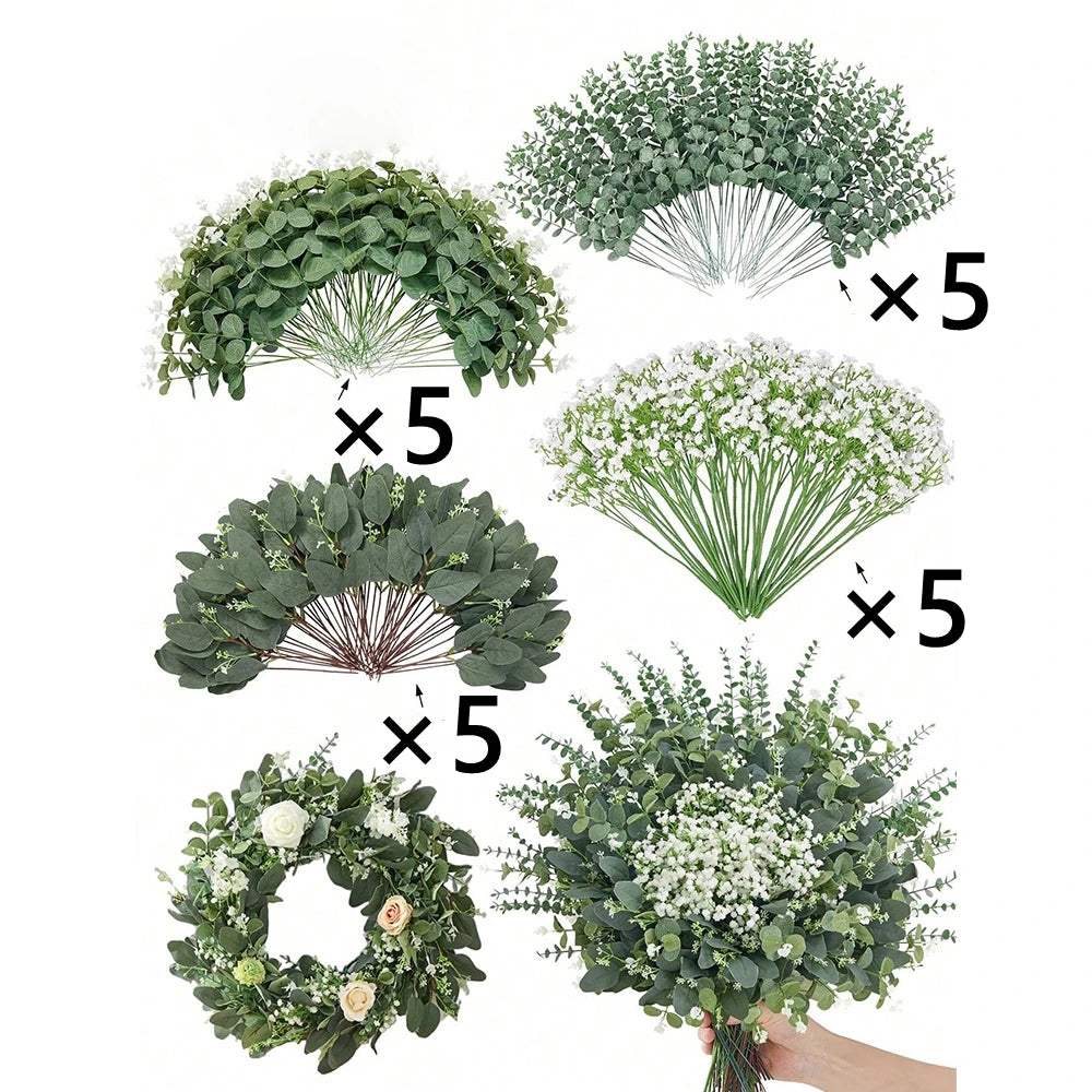 A collection of artificial eucalyptus leaf stems in various sizes and arrangements for wedding and home decor.
