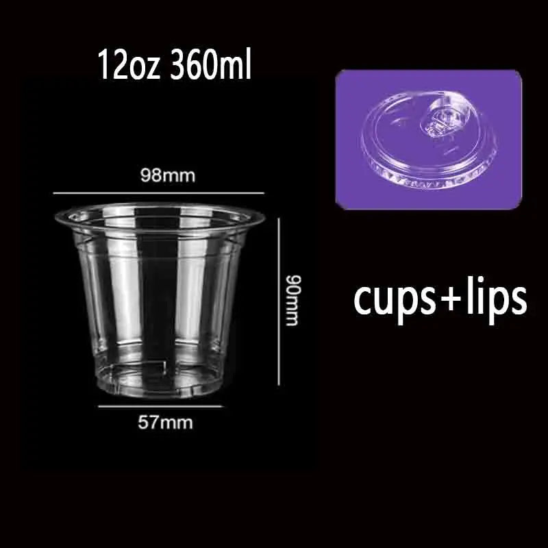 A clear plastic drinking cup with a flat lid, shown next to its dimensions.